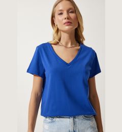 Снимка на Happiness İstanbul Women's Blue V-Neck Basic Knitted T-Shirt