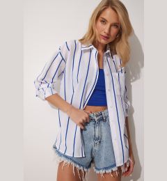 Снимка на Happiness İstanbul Women's Blue White Striped Oversize Long Cotton Shirt