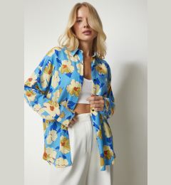 Снимка на Happiness İstanbul Women's Blue Yellow Patterned Oversized Flowy Viscose Shirt