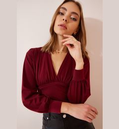 Снимка на Happiness İstanbul Women's Burgundy Deep V Neck Crop Sandy Knitted Blouse