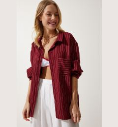 Снимка на Happiness İstanbul Women's Burgundy Striped Pocket Viscose Shirt