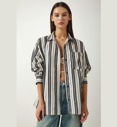 Снимка на Happiness İstanbul Women's Cream Black Striped Oversize Knitted Shirt