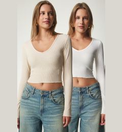 Снимка на Happiness İstanbul Women's Cream White V-Neck 2-Pack Crop Knitted Blouse