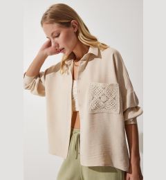 Снимка на Happiness İstanbul Women's Dark Beige Lace Detailed Linen Shirt