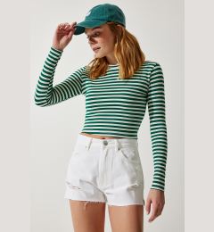 Снимка на Happiness İstanbul Women's Dark Green Crew Neck Striped Crop Knitted Blouse