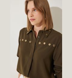 Снимка на Happiness İstanbul Women's Dark Khaki Bird Eye Detailed Woven Shirt