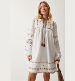 Снимка на Happiness İstanbul Women's Ecru Embroidered Woven Linen Dress