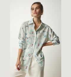 Снимка на Happiness İstanbul Women's Ecru Green Patterned Oversize Satin Finished Shirt