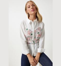 Снимка на Happiness İstanbul Women's Ecru Pink Floral Embroidery Detailed Woven Shirt