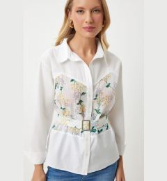 Снимка на Happiness İstanbul Women's Ecru Yellow Floral Embroidery Detailed Woven Shirt