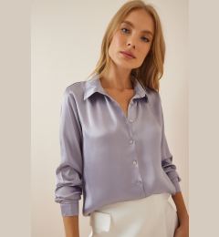 Снимка на Happiness İstanbul Women's Gray Lightly Draped Satin Surface Shirt