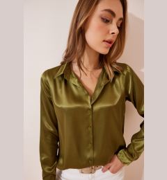 Снимка на Happiness İstanbul Women's Green Lightly Draped Satin Surface Shirt