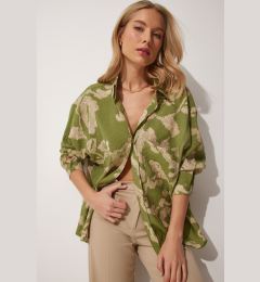 Снимка на Happiness İstanbul Women's Green Patterned Oversize Cotton Satin Shirt