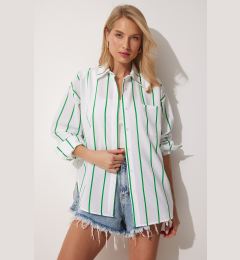 Снимка на Happiness İstanbul Women's Green White Striped Oversize Long Cotton Shirt