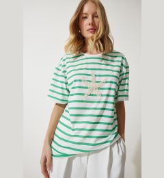 Снимка на Happiness İstanbul Women's Green White Striped Star Pearl Embroidered Oversize Knitted T-Shirt