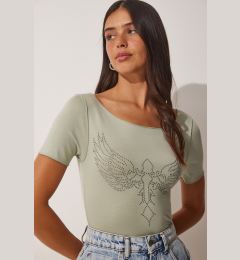 Снимка на Happiness İstanbul Women's Green Wing Embroidered Viscose Knitted T-Shirt