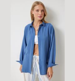 Снимка на Happiness İstanbul Women's Indigo Blue Oversize Long Linen Ayrobin Shirt