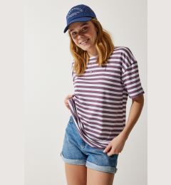 Снимка на Happiness İstanbul Women's Lilac Crew Neck Striped Oversize Knitted T-Shirt