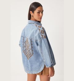 Снимка на Happiness İstanbul Women's Medium Blue Ethnic Embroidered Gabardine Shirt Jacket