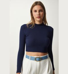 Снимка на Happiness İstanbul Women's Navy Blue Corded Turtleneck Crop Knitted Blouse