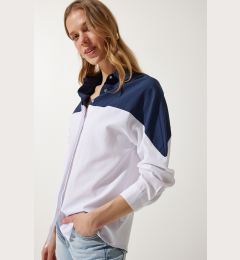 Снимка на Happiness İstanbul Women's Navy Blue White Block Color Boyfriend Shirt