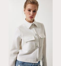 Снимка на Happiness İstanbul Women's Off-White Stylish Buttoned Woven Tweed Jacket with Pockets