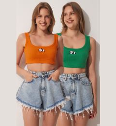 Снимка на Happiness İstanbul Women's Orange Green 2-pack Panda Embroidery Knitted Crop Top