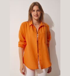 Снимка на Happiness İstanbul Women's Orange Oversize Linen Ayrobin Shirt