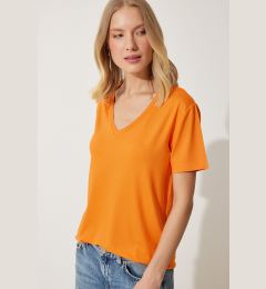 Снимка на Happiness İstanbul Women's Orange V-Neck Basic Viscose Knitted T-Shirt