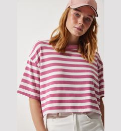 Снимка на Happiness İstanbul Women's Pale Pink Crew Neck Striped Crop Knitted T-Shirt