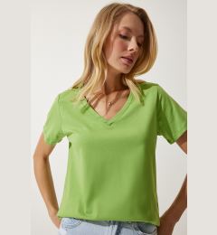 Снимка на Happiness İstanbul Women's Peanut Green V Neck Basic Knitted T-Shirt