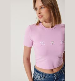 Снимка на Happiness İstanbul Women's Pink Bow Detailed Crop T-Shirt