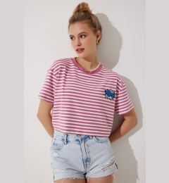 Снимка на Happiness İstanbul Women's Pink Embroidery Detailed Striped 100% Cotton Crop Knitted T-Shirt