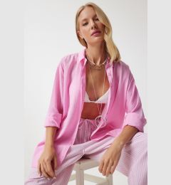 Снимка на Happiness İstanbul Women's Pink Oversize Long Linen Ayrobin Shirt