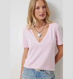 Снимка на Happiness İstanbul Women's Pink V-Neck Basic Knitted T-Shirt