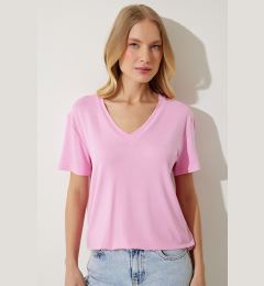 Снимка на Happiness İstanbul Women's Pink V-Neck Basic Viscose Knitted T-Shirt