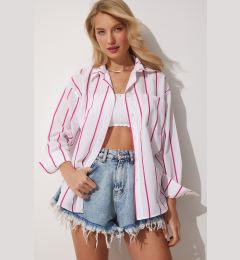 Снимка на Happiness İstanbul Women's Pink White Striped Oversize Long Cotton Shirt