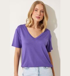 Снимка на Happiness İstanbul Women's Purple V-Neck Basic Viscose Knitted T-Shirt