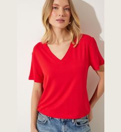 Снимка на Happiness İstanbul Women's Red V-Neck Basic Viscose Knitted T-Shirt