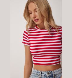 Снимка на Happiness İstanbul Women's Red White Striped Crop Knitted T-Shirt