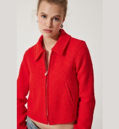 Снимка на Happiness İstanbul Women's Red Zippered Shirt Collar Tweed Jacket