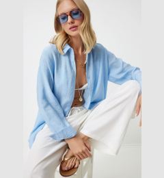 Снимка на Happiness İstanbul Women's Sky Blue Oversize Long Linen Ayrobin Shirt