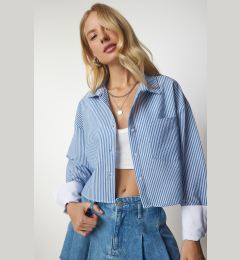 Снимка на Happiness İstanbul Women's Sky Blue Pinstripe Crop Shirt