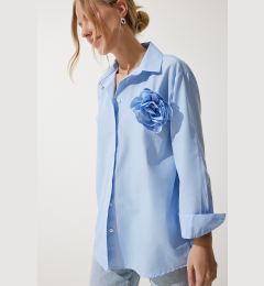 Снимка на Happiness İstanbul Women's Sky Blue Premium Flower Brooch Detailed Shirt