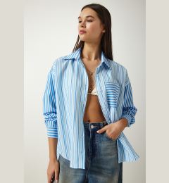 Снимка на Happiness İstanbul Women's Sky Blue Striped Oversize Cotton Woven Shirt