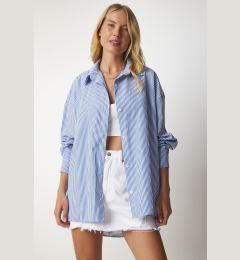 Снимка на Happiness İstanbul Women's Sky Blue Striped Oversize Long Basic Shirt