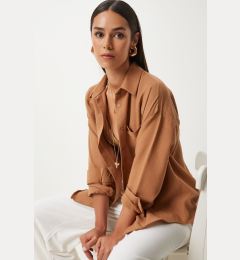 Снимка на Happiness İstanbul Women's Tan Oversize Linen Ayrobin Shirt