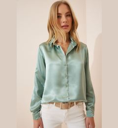 Снимка на Happiness İstanbul Women's Turquoise Green Lightly Flowing Satin Finish Shirt