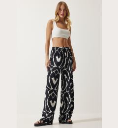 Снимка на Happiness İstanbul Women's Vivid Black and White Patterned Flowy Viscose Palazzo Trousers