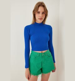 Снимка на Happiness İstanbul Women's Vivid Blue Ribbed Turtleneck Crop Knitted Blouse